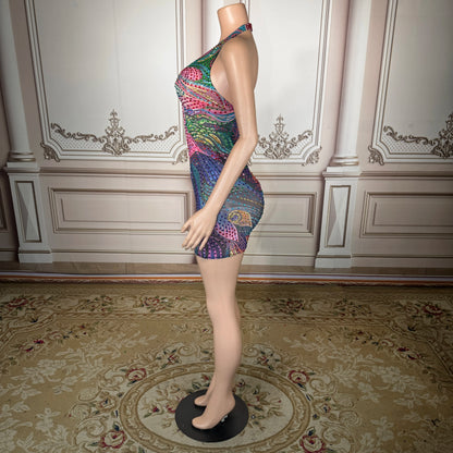 Women’s Patchwork Mini Dress – V-Neck Geometric Bodycon