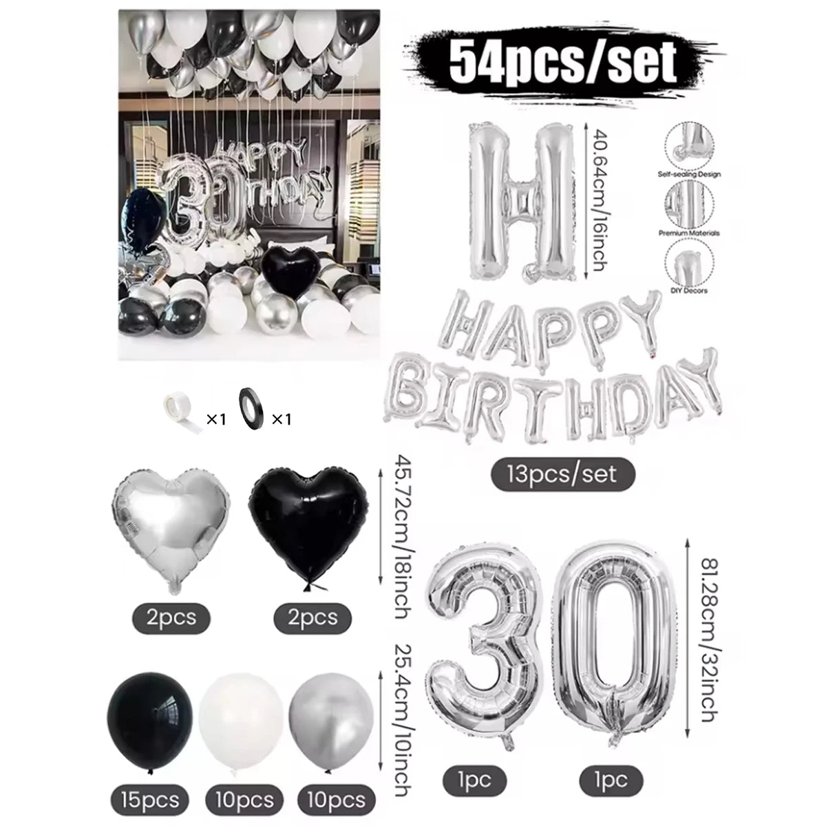 Black & White Balloon Decoration Set with Silver Banner (30/54pcs)