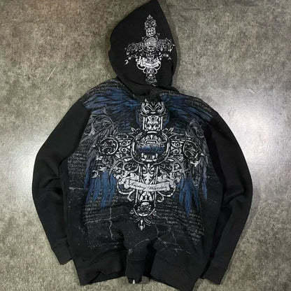 🔥 Men’s Skull Print Zip Up Hoodie – Black & Red Streetwear