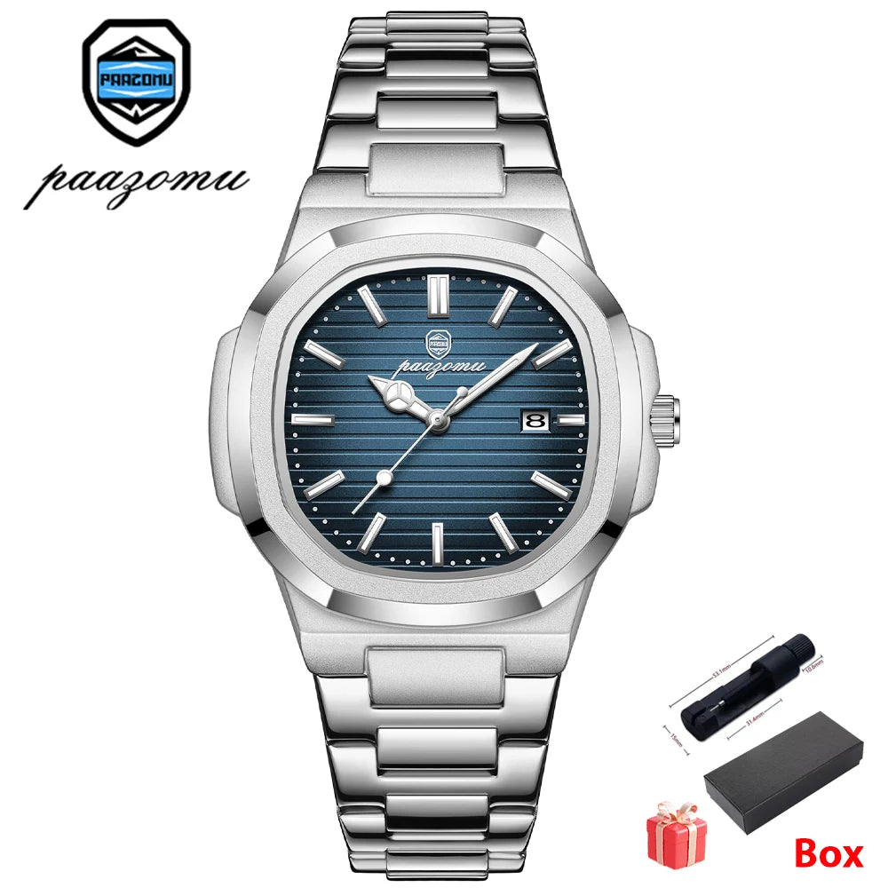 Men’s Square Quartz Watch – Stainless Steel Waterproof Wristwatch