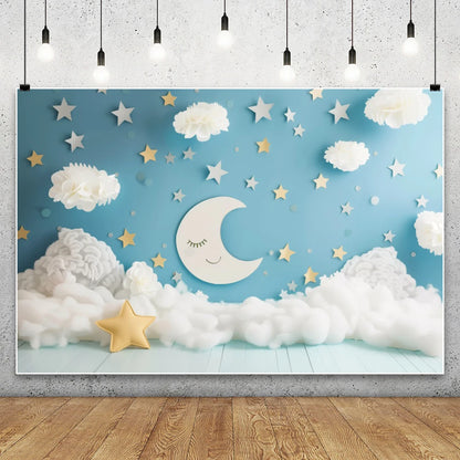 Blue Starry Sky Baby Shower & Birthday Backdrop | Cloud & Moon Party Photo Background