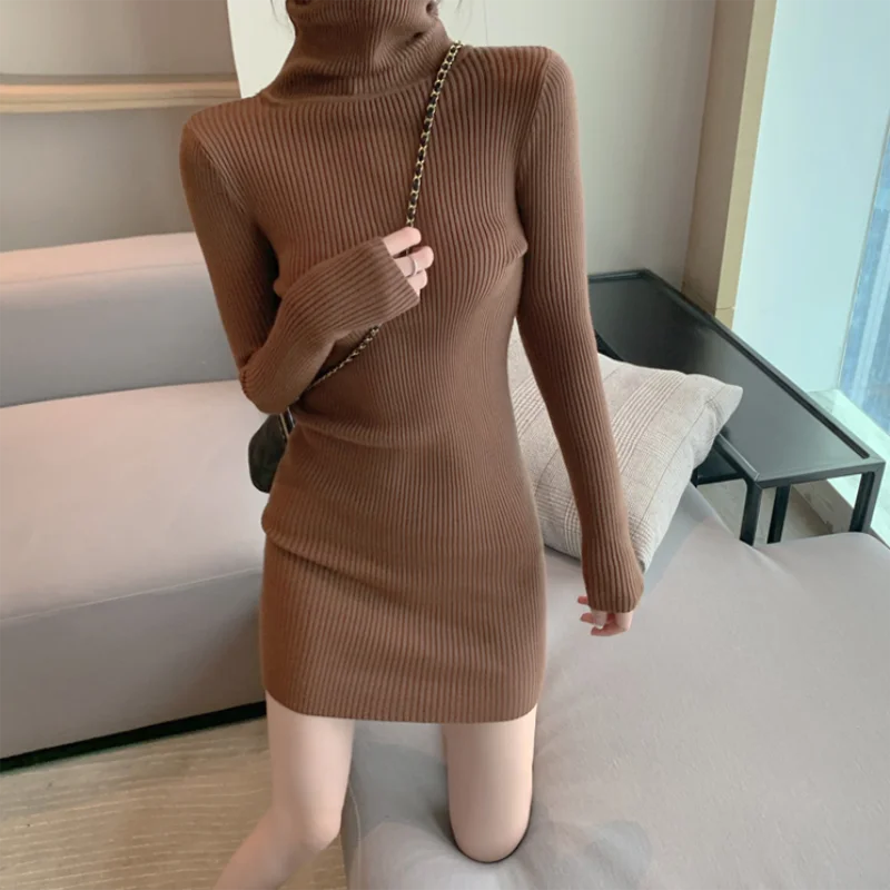Women Turtleneck Knit Bodycon Dress 👗 | Warm Office Mini