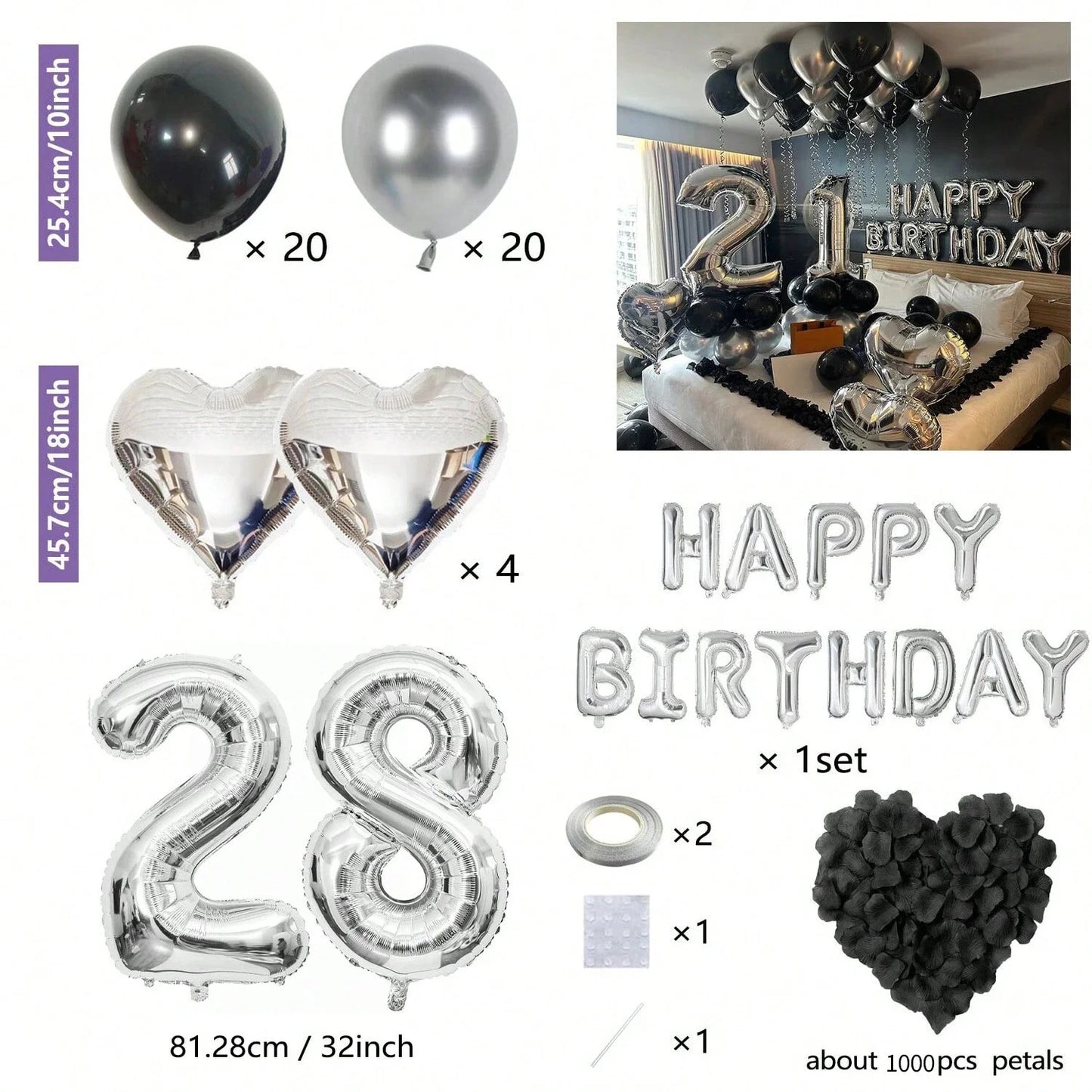 Black & Silver Birthday Balloon Decoration Set – 1050pcs Party Kit