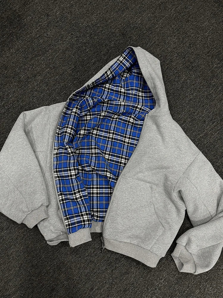 Glomexia 🧣 Winter Plaid Zip-Up Hoodie – Double-Side Wear
