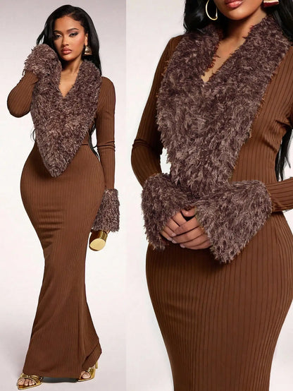 🍷 Burgundy Faux Fur Mermaid Maxi Dress – Elegant Evening Party Wear