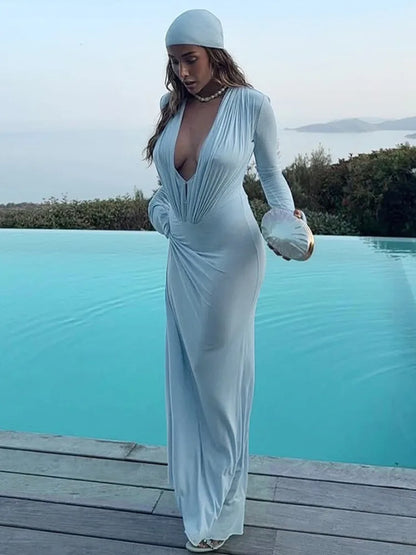 Women’s Deep V-Neck Bodycon Maxi Dress – Long Sleeve Party Outfit