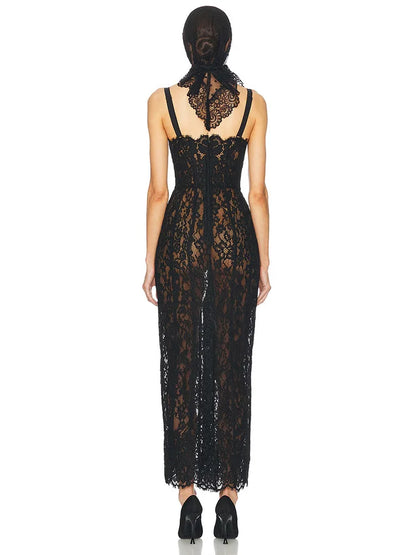 Women’s Lace Spaghetti Strap Maxi Dress – V-Neck Bodycon Gown