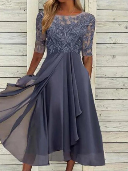 🌍 Glomexia Fashion – Elegant O-Neck Chiffon Lace Dress 👗