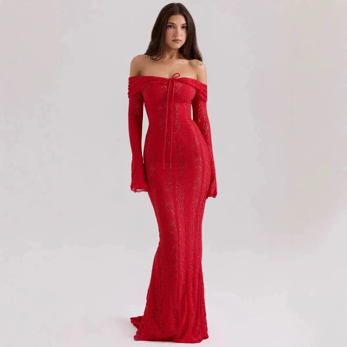 Women’s Lace Evening Gown – Long Sleeve Elegant Party Dress