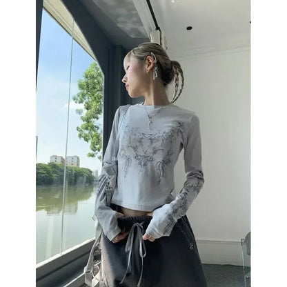 🖤 Y2K Vintage Long Sleeve T-Shirt – Women’s O-Neck Printed Crop Top