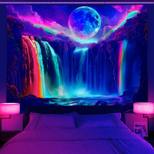 🌙 UV Glow Waterfall Moon Tapestry