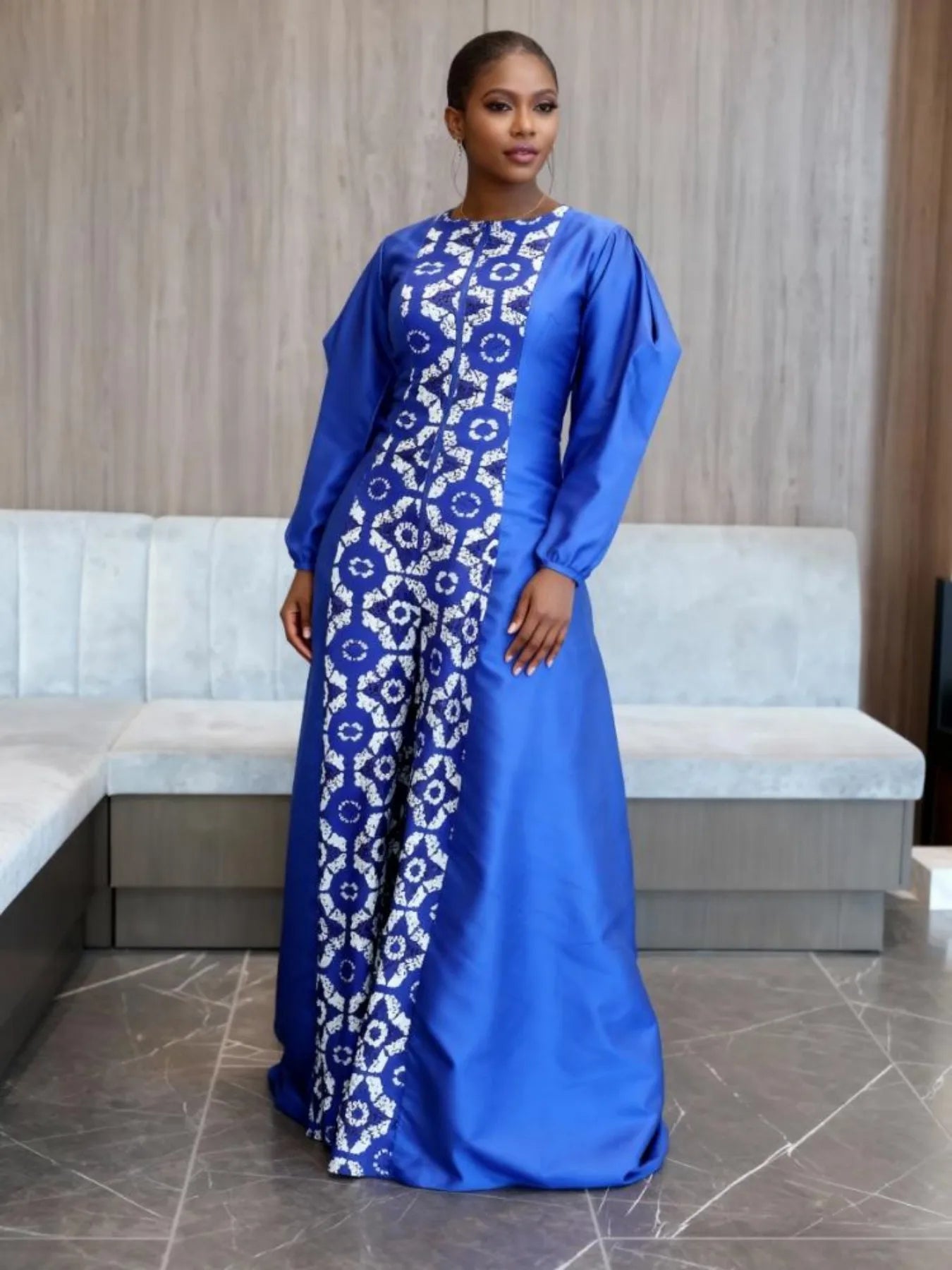 👗 Blue Printed V-Neck Wide-Leg Jumpsuit