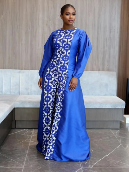👗 Blue Printed V-Neck Wide-Leg Jumpsuit