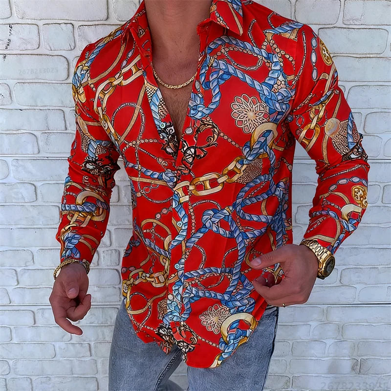 Men’s Luxury Chain Print Slim Fit Long Sleeve Shirt