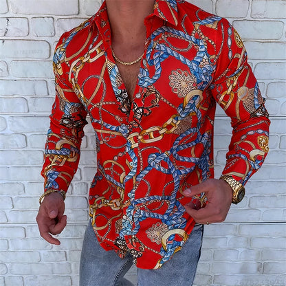 Men’s Luxury Chain Print Slim Fit Long Sleeve Shirt