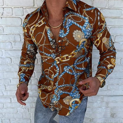 Men’s Luxury Chain Print Slim Fit Long Sleeve Shirt