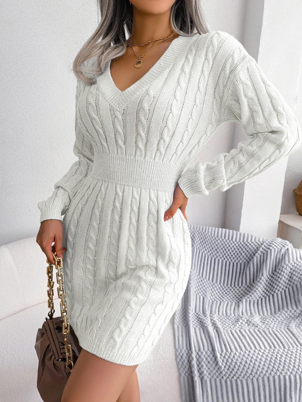 👗 Women V-Neck Knitted Mini Dress | Slim Fit Winter Casual Dress ✨