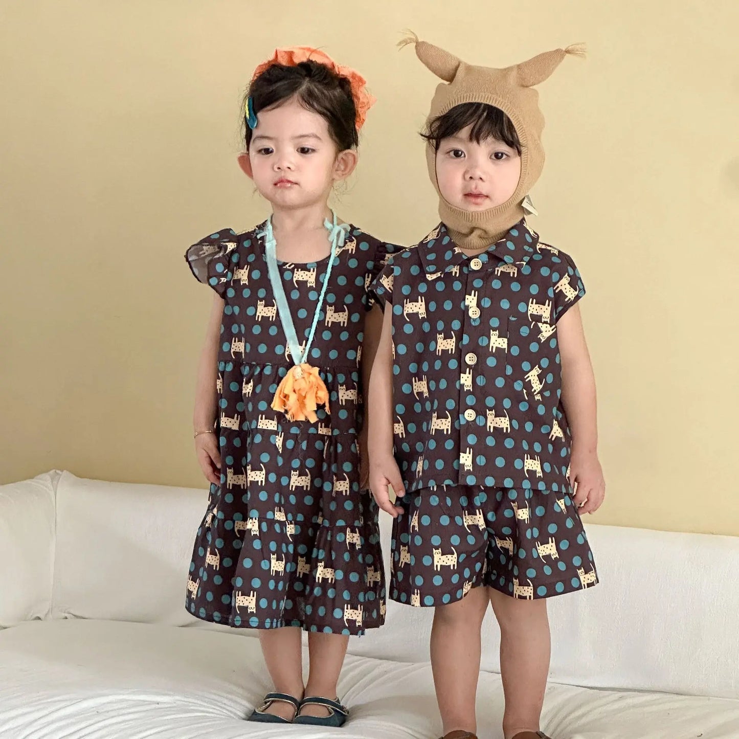 👧👦 Matching Sibling Summer Set – Girls Dress & Boys Cartoon Shirt