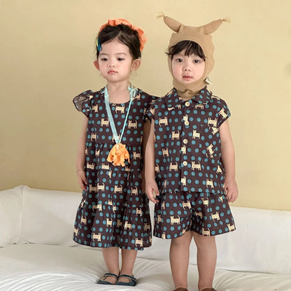 👧👦 Matching Sibling Summer Set – Girls Dress & Boys Cartoon Shirt