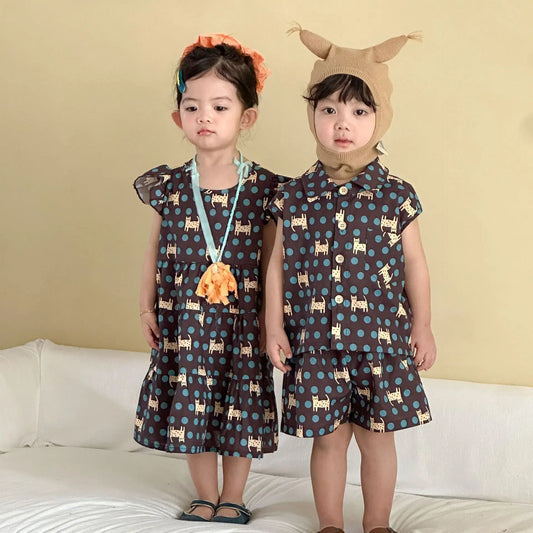 👧👦 Matching Sibling Summer Set – Girls Dress & Boys Cartoon Shirt