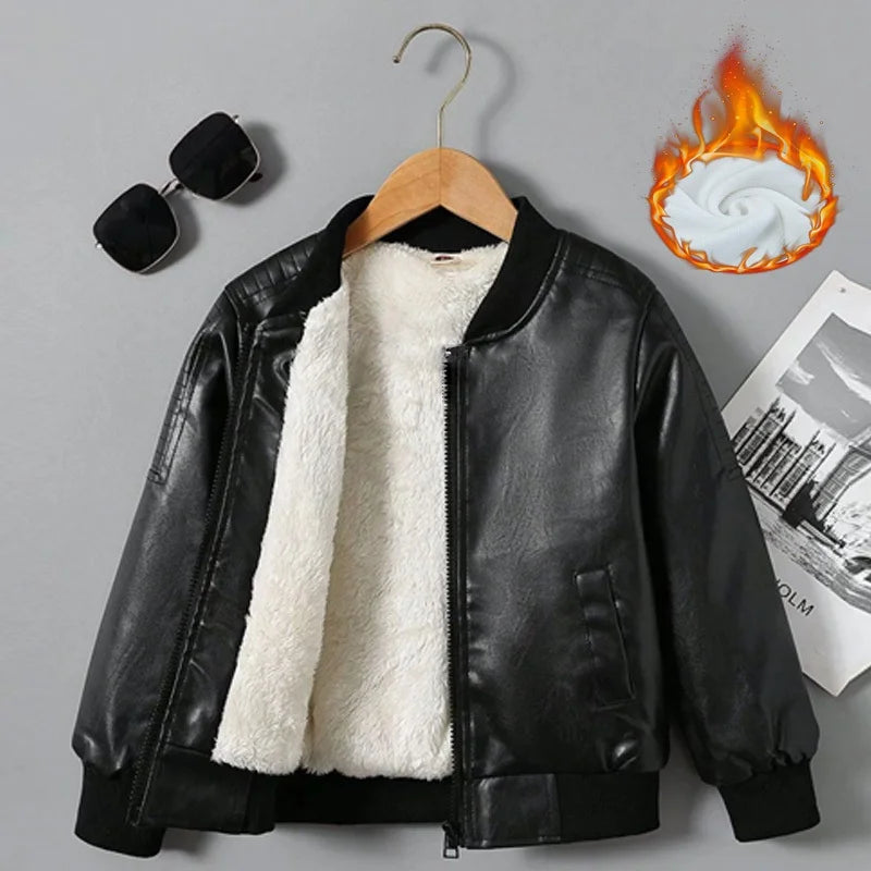 Premium Kids Plus Velvet PU Leather Winter Jacket (2–14Y)