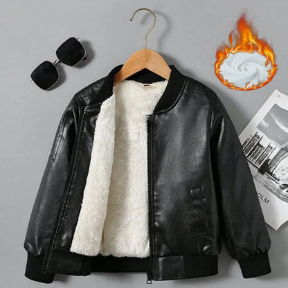 Premium Kids Plus Velvet PU Leather Winter Jacket (2–14Y)
