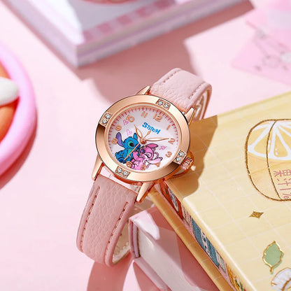 Girls Cartoon Watch – Leather Strap Kids Rhinestone Dial