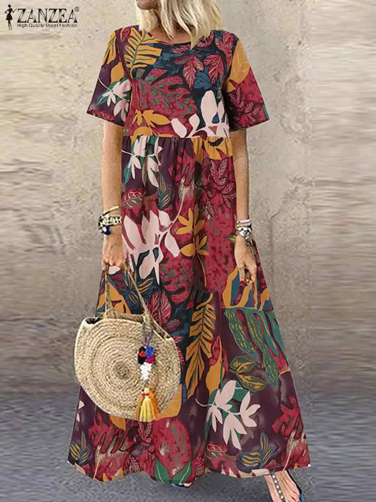 Women’s Bohemian Cotton Maxi Dress – Floral Print O-Neck
