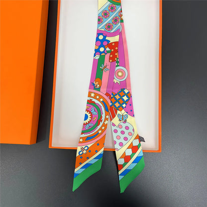 🧣 Glomexia Printed Silk Hair Scarf – Elegant Slim Fashion Wrap ✨