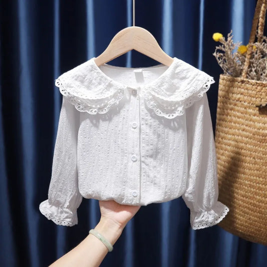 🤍 Girls Lace Collar Long Sleeve Top – Korean Style Autumn Shirt (2-8Y)