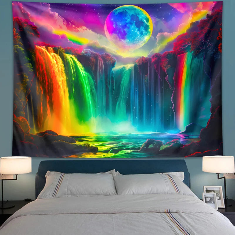 🌙 UV Glow Waterfall Moon Tapestry