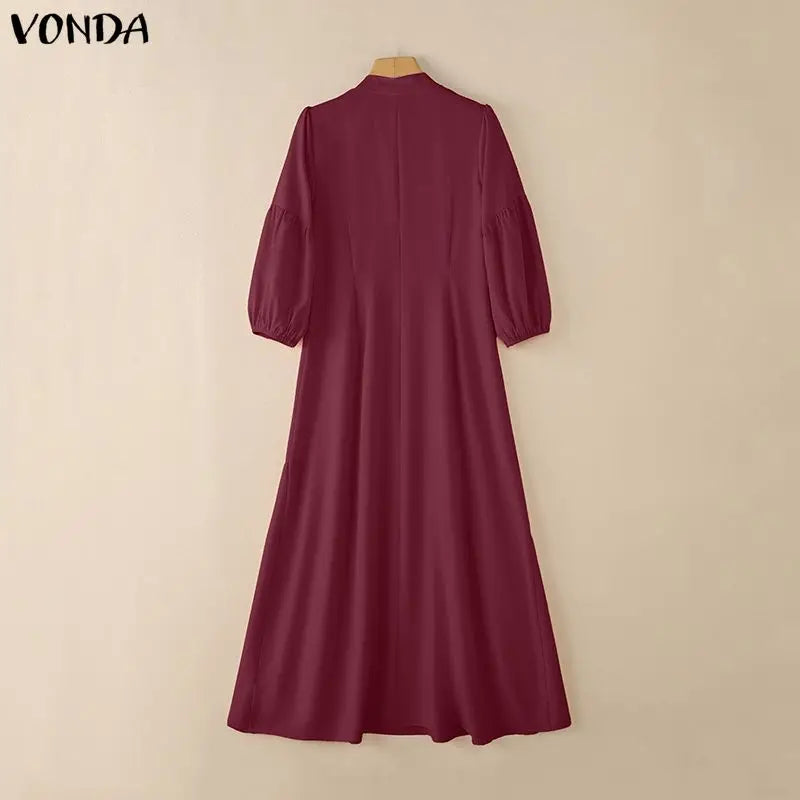 Women’s Printed Maxi Dress – Stand Collar Lantern Sleeve