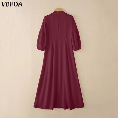 Women’s Printed Maxi Dress – Stand Collar Lantern Sleeve