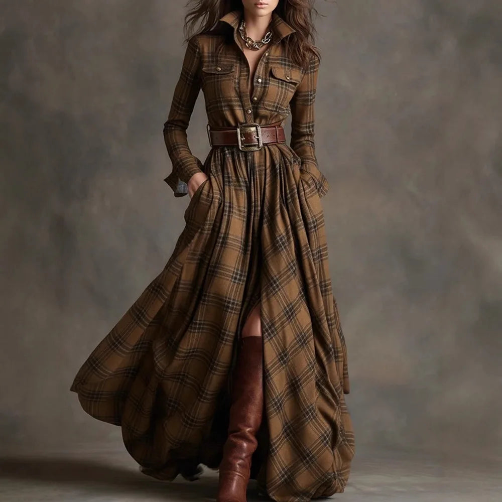 Owner Girl Plaid Long Dress 👗 | Trendy A-Line Button Style Women’s Wear