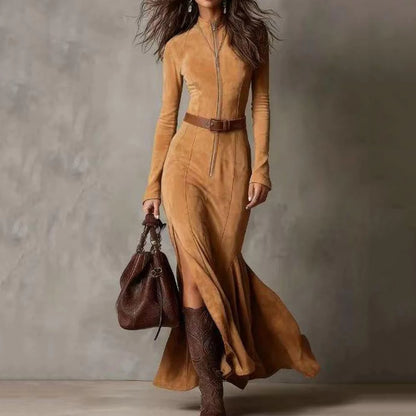 Women’s Ruched Wrap Maxi Dress – High Slit Ruffle Hem
