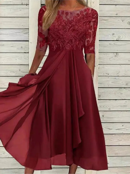 🌍 Glomexia Fashion – Elegant O-Neck Chiffon Lace Dress 👗