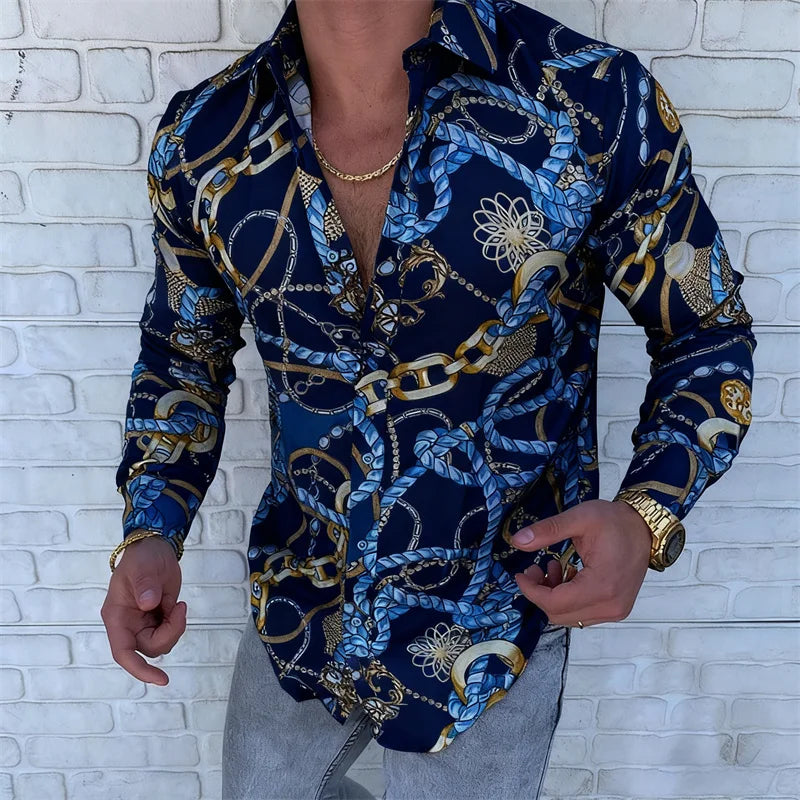 Men’s Luxury Chain Print Slim Fit Long Sleeve Shirt