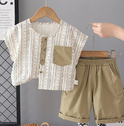 Kids Summer Wave Stripe Outfit Set – T-Shirt & Shorts (2-Piece Boys Wear)