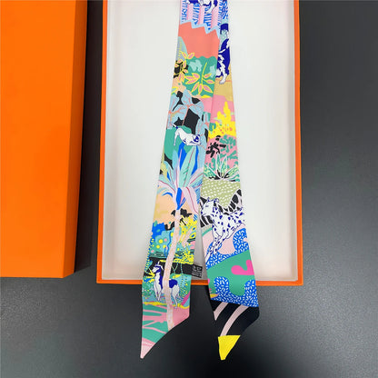 🧣 Glomexia Printed Silk Hair Scarf – Elegant Slim Fashion Wrap ✨