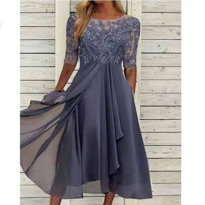 🌍 Glomexia Fashion – Elegant O-Neck Chiffon Lace Dress 👗