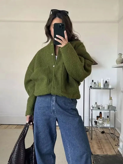 Women Oversized Bomber Jacket 🖤 | Vintage Snap Button Coat