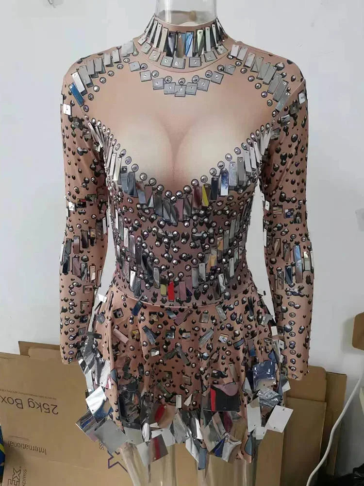 Women’s Sequin Mirror Mini Dress – Turtleneck Party Outfit