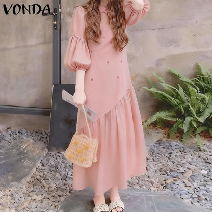 Women’s Printed Maxi Dress – Stand Collar Lantern Sleeve