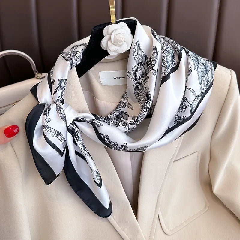 Premium 70x70cm Floral Silk Satin Scarf – Luxury Women’s Square Wrap
