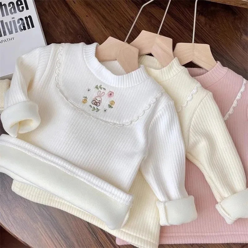 🧸 Girls Velvet Cartoon Winter Top – Warm Long Sleeve Tee (4–6Y)