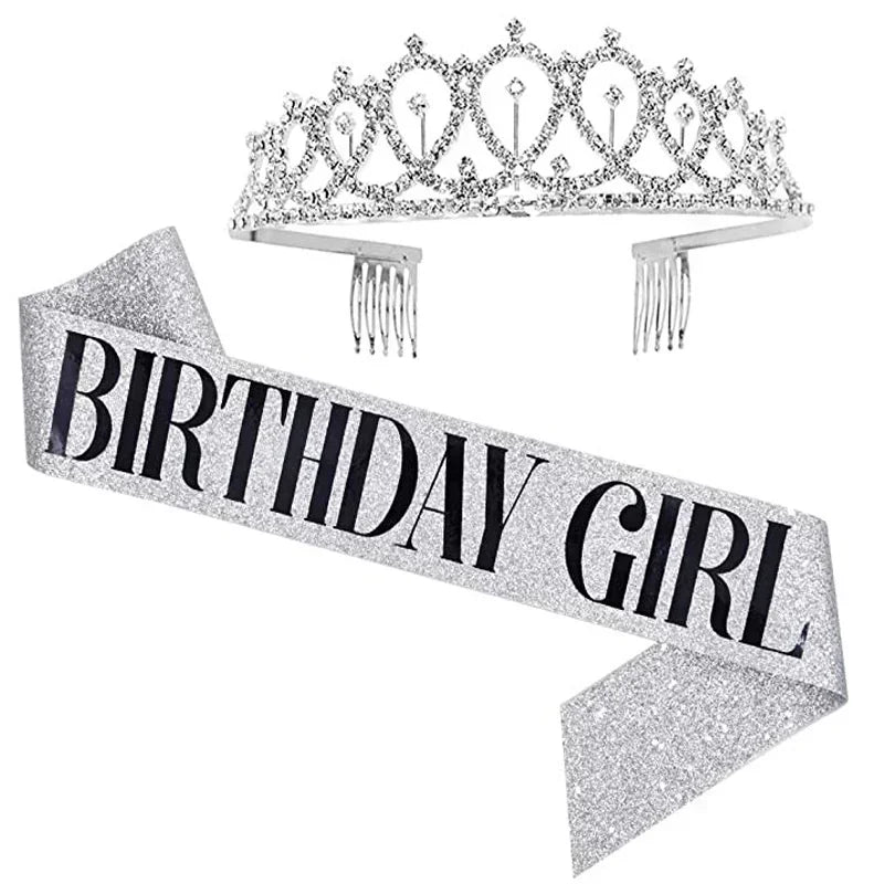 Bling Rhinestone Crystal Crown Tiara with Birthday Satin Sash