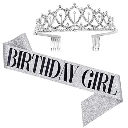 Bling Rhinestone Crystal Crown Tiara with Birthday Satin Sash