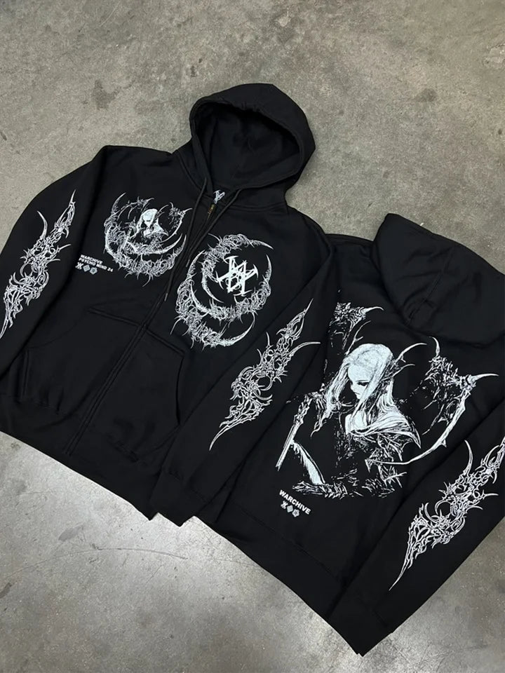 Vintage Skull Zip-Up Hoodie – Y2K Streetwear Sweatshirt for Men