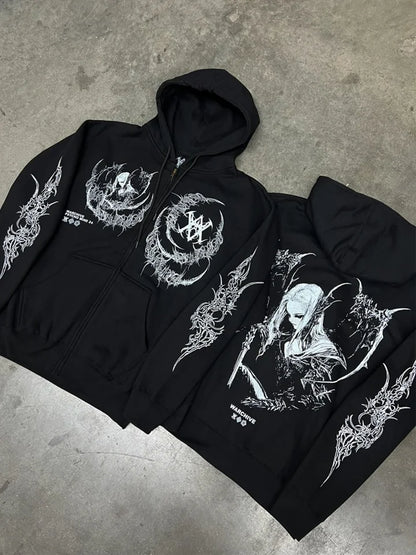 Vintage Skull Zip-Up Hoodie – Y2K Streetwear Sweatshirt for Men