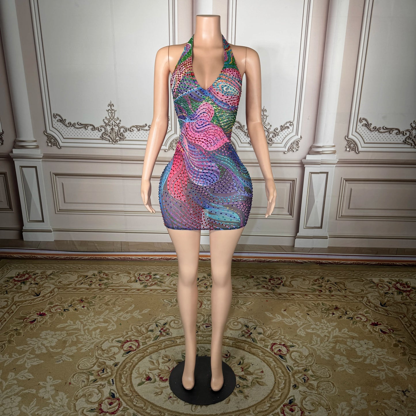 Women’s Patchwork Mini Dress – V-Neck Geometric Bodycon
